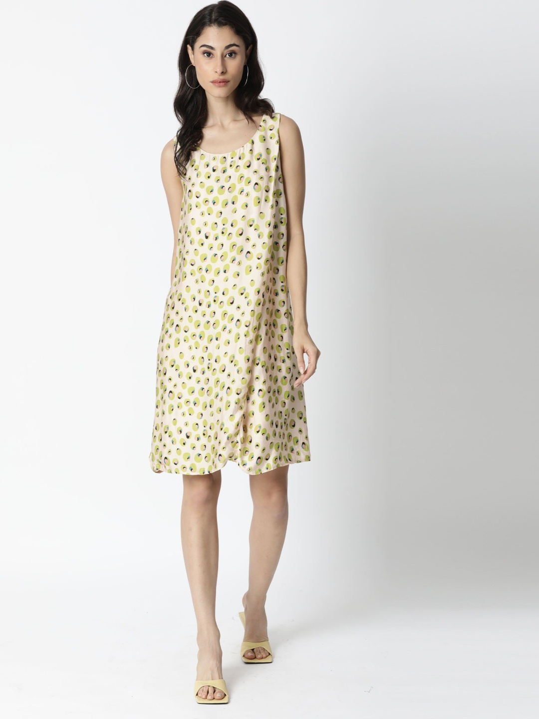 

RAREISM Conversational Printed Cotton A-Line Dress, Beige