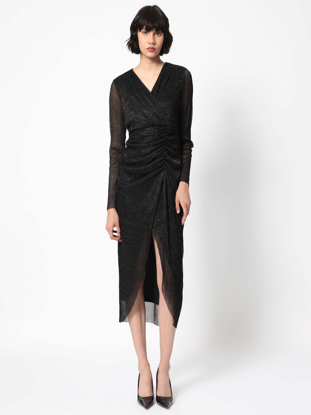 

RAREISM Self Design Wrap Midi Dress, Black