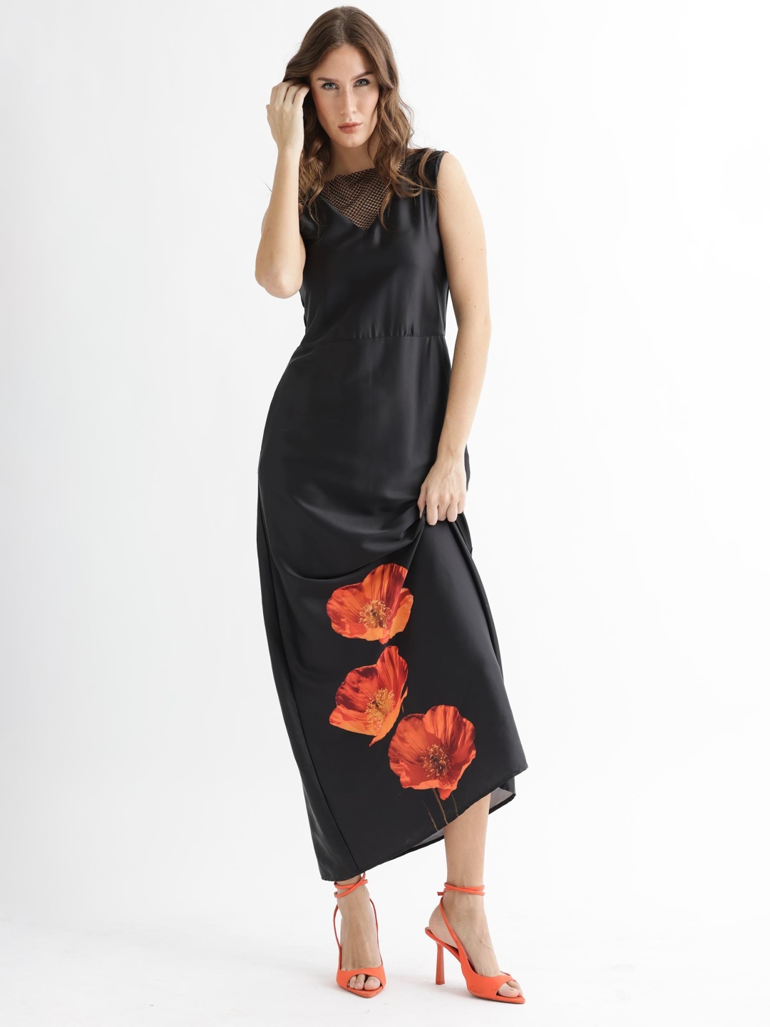 

RAREISM Floral Printed Rhinestone Evening Midi A-Line Dress, Black