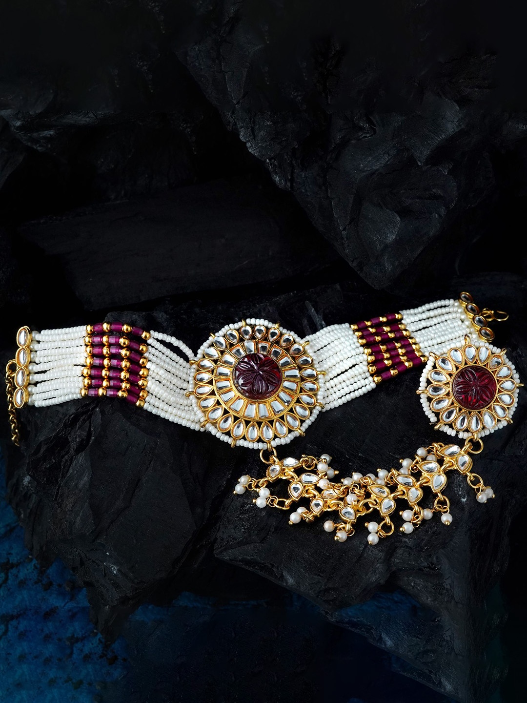 

MANSIYAORANGE Gold-Plated Stones & Beads-Studded Ring Bracelet