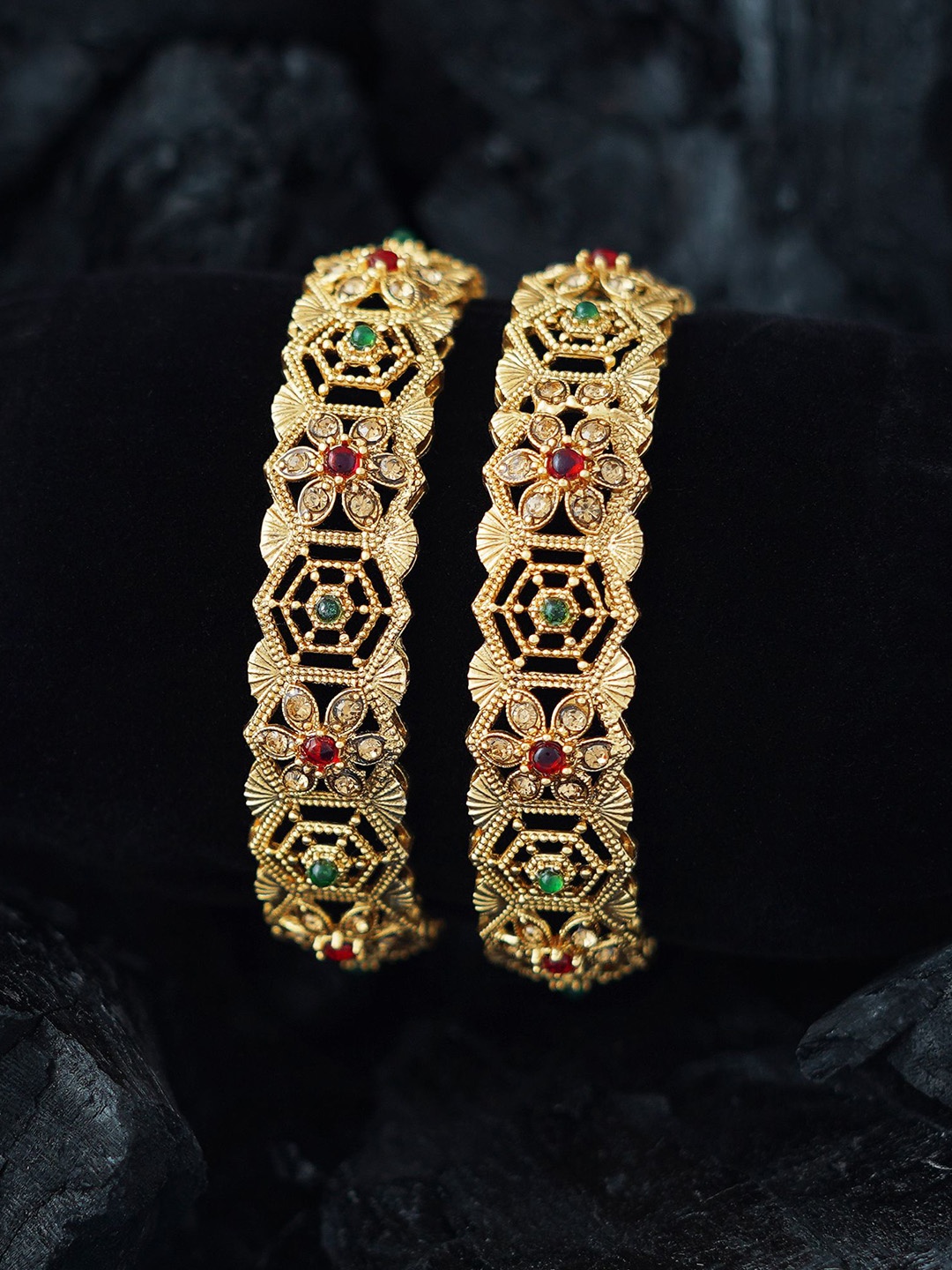 MANSIYAORANGE Set Of 2 Gold-Plated Stone-Studded Bangles