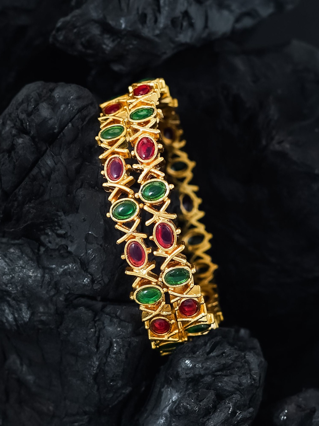 

MANSIYAORANGE Set Of 2 Gold-Plated Stone-Studded Bangles