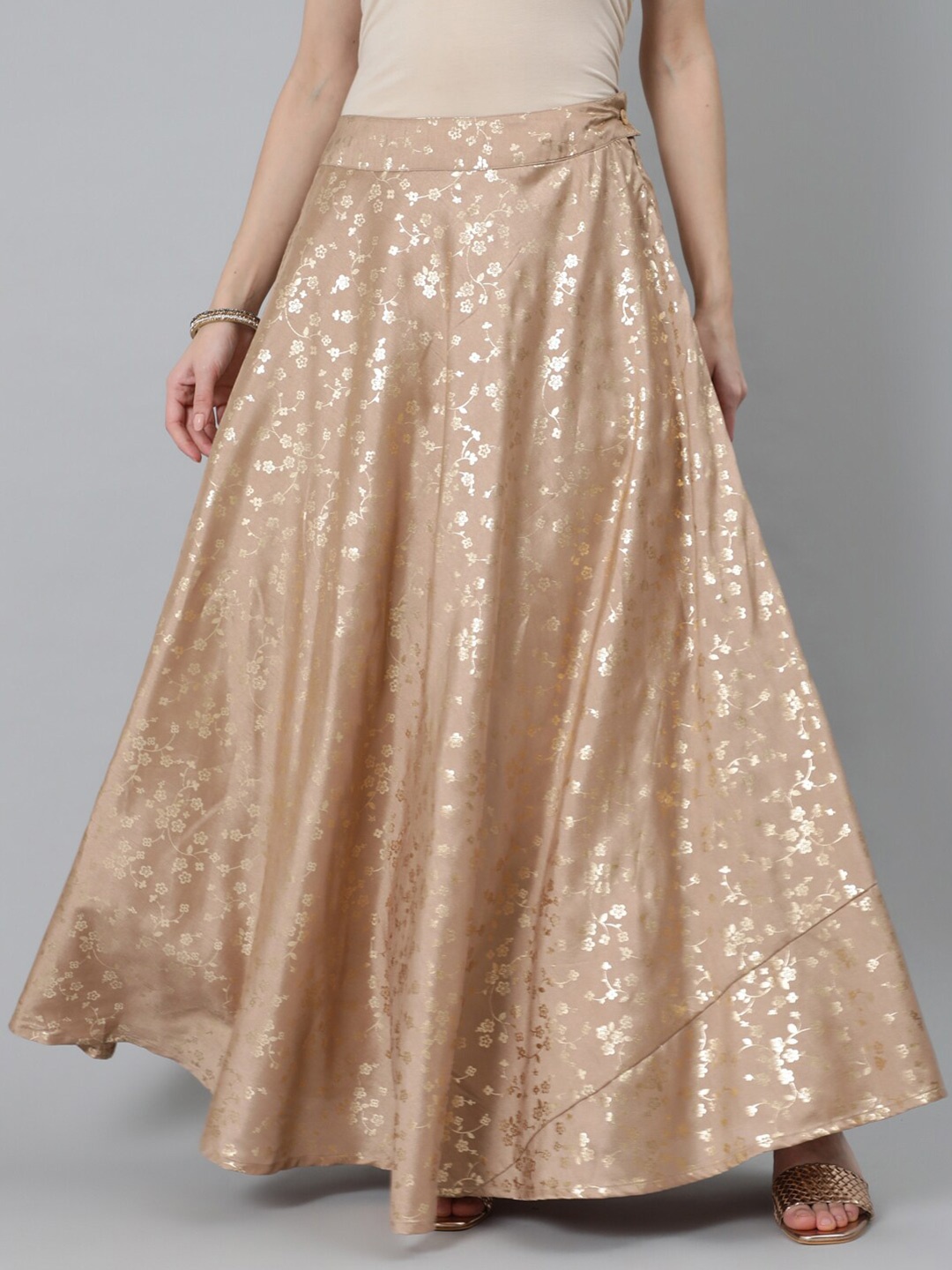 

AKS Floral Printed Flared Ethnic Skirt, Gold