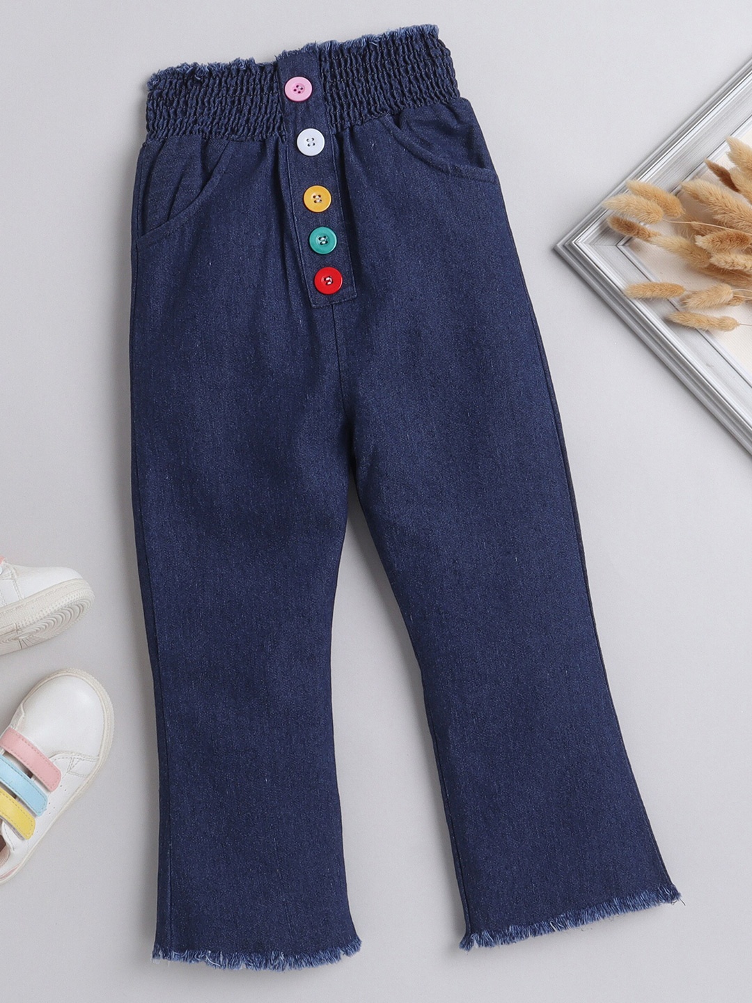

DKGF FASHION Girls High Rise Clean Look Frayed Denim Cotton Jeans, Navy blue