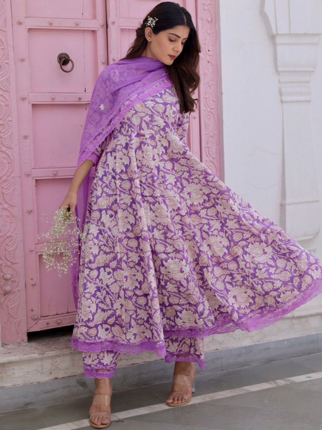 

ASRUMO Floral Printed Regular Anarkali Kurta With Palazzos With Dupatta, Purple
