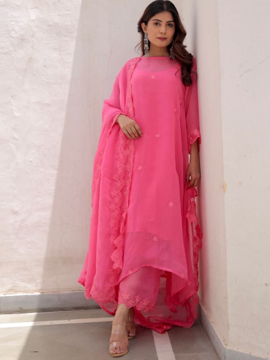 

ASRUMO Ethnic Motifs Embroidered A-Line Kurta & Palazzos With Dupatta, Pink