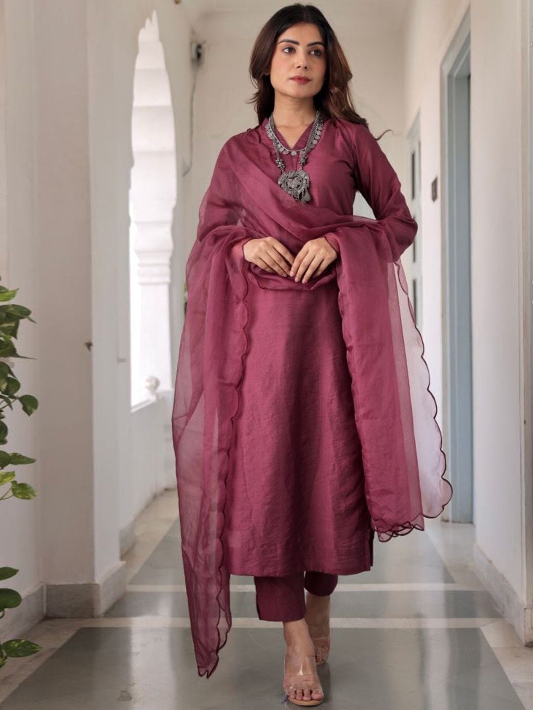 

ASRUMO V Neck Straight Kurta With Trousers & Dupatta, Purple