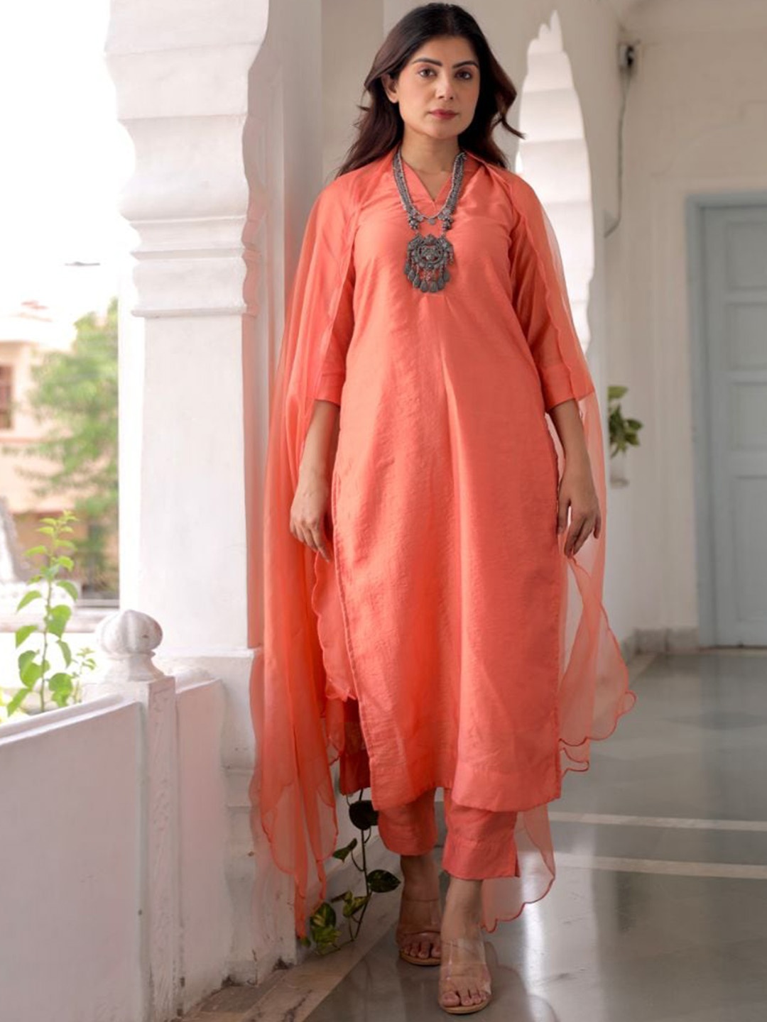 

ASRUMO V Neck Straight Kurta With Trousers & Dupatta, Orange