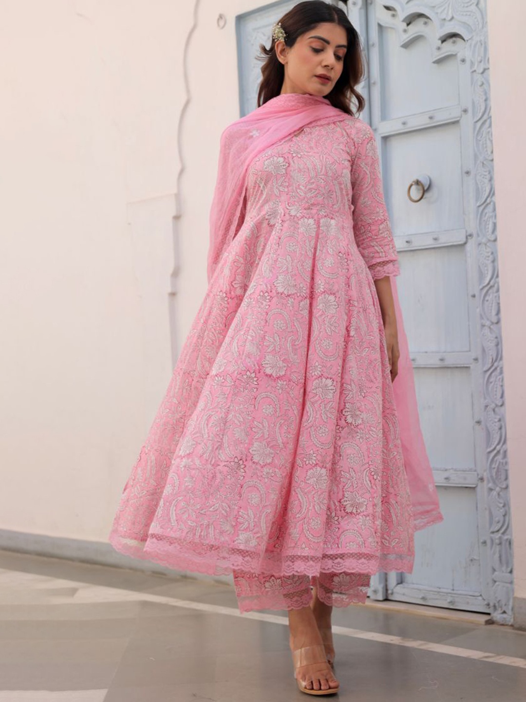 

ASRUMO Floral Printed Anarkali Kurta With Palazzos & Dupatta, Pink