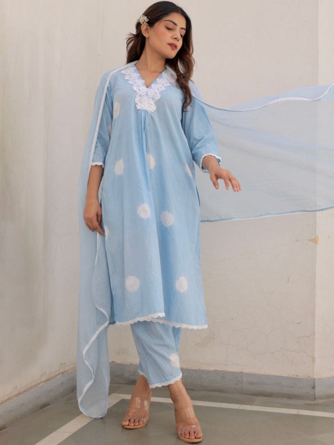 

ASRUMO Polka Dots Printed Straight Kurta With Trousers & Dupatta, Blue