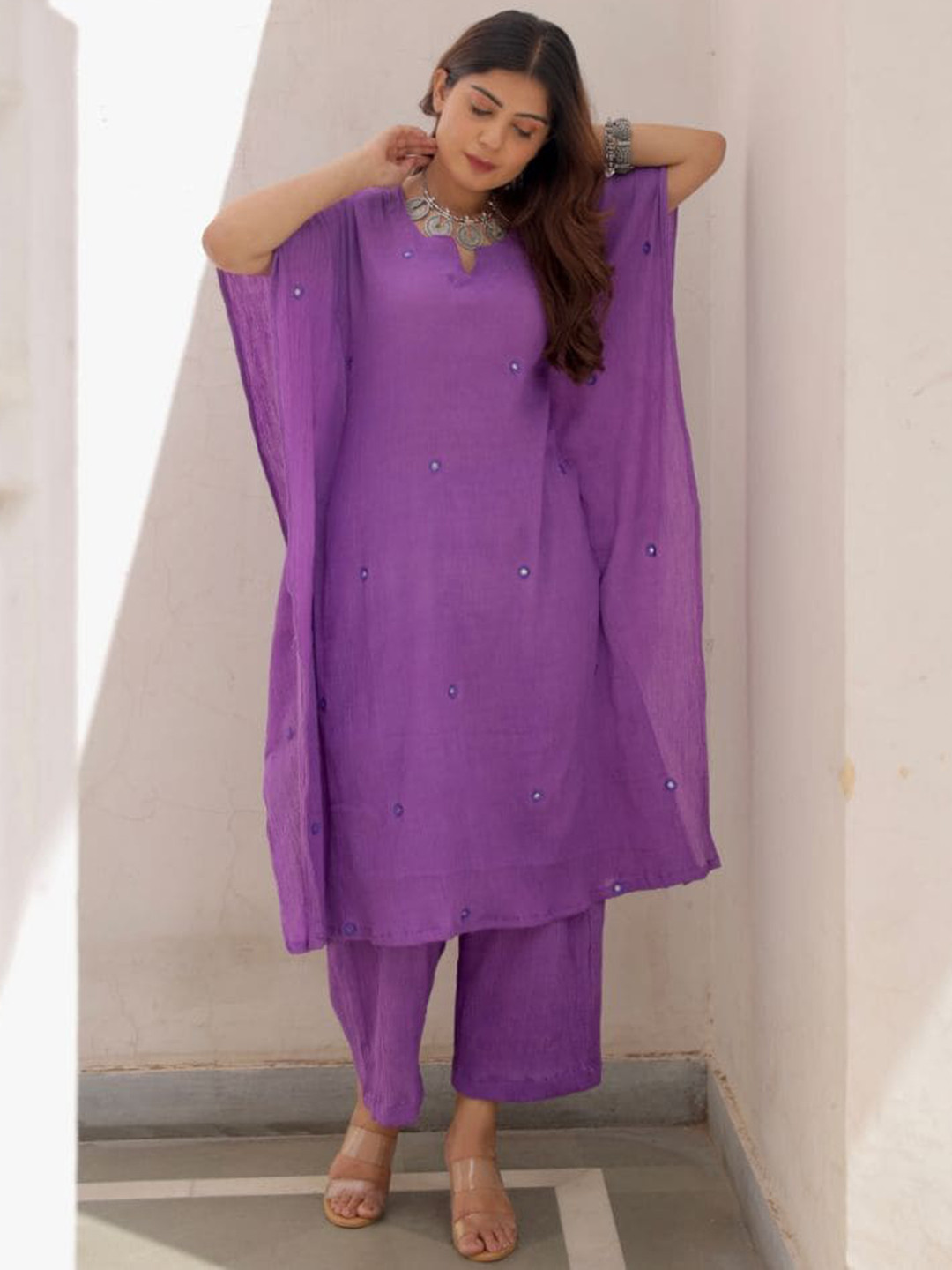 

ASRUMO Mirror Work Kaftan Kurta With Palazzos, Purple