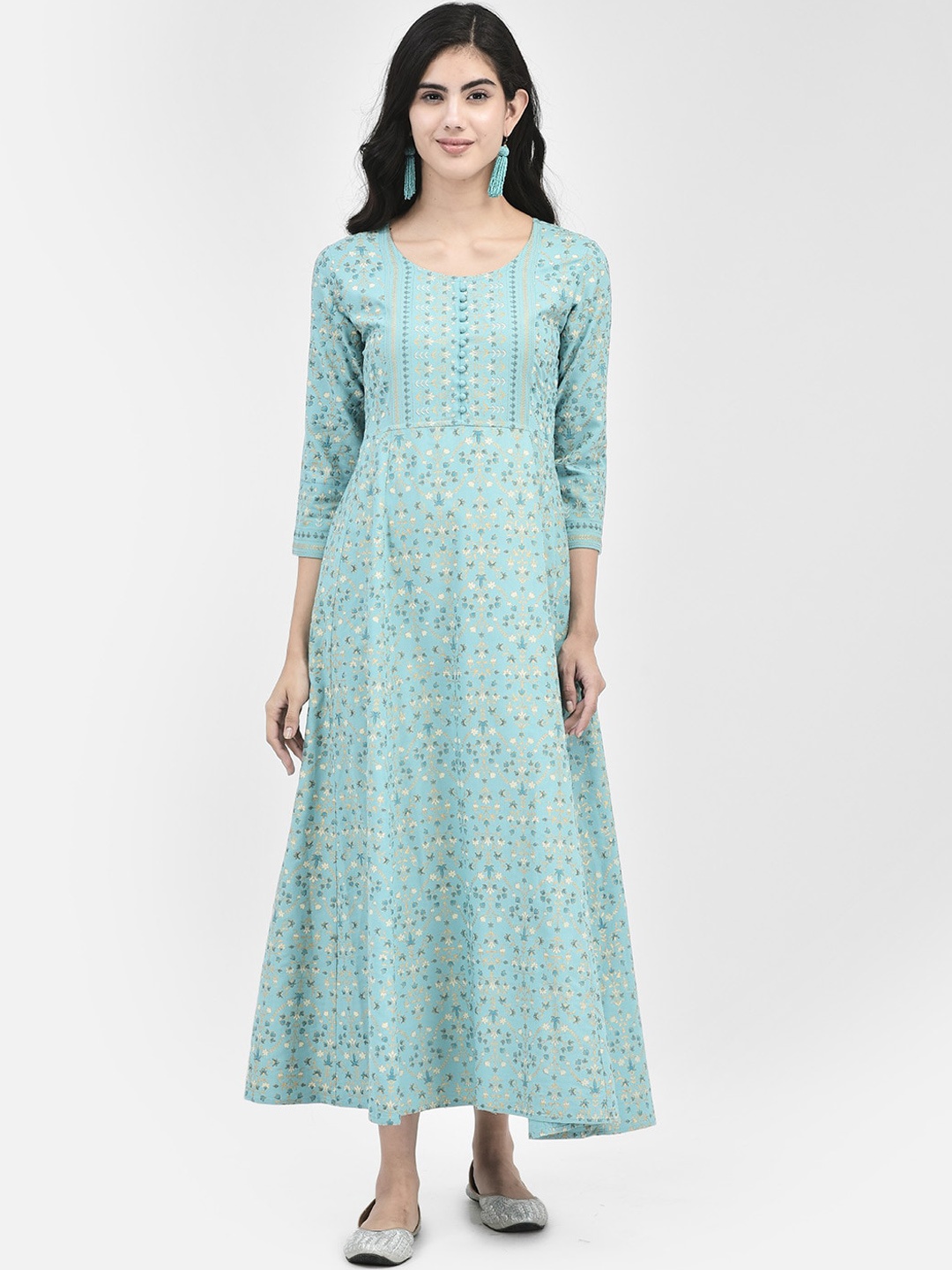 

Span Floral Printed Cotton A-Line Midi Ethnic Dress, Blue