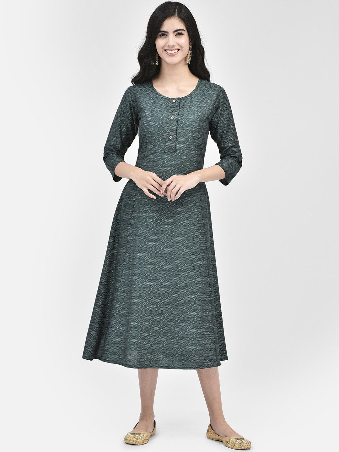 

Span Ethnic Motifs Printed Cotton Silk A-Line Midi Dress, Green