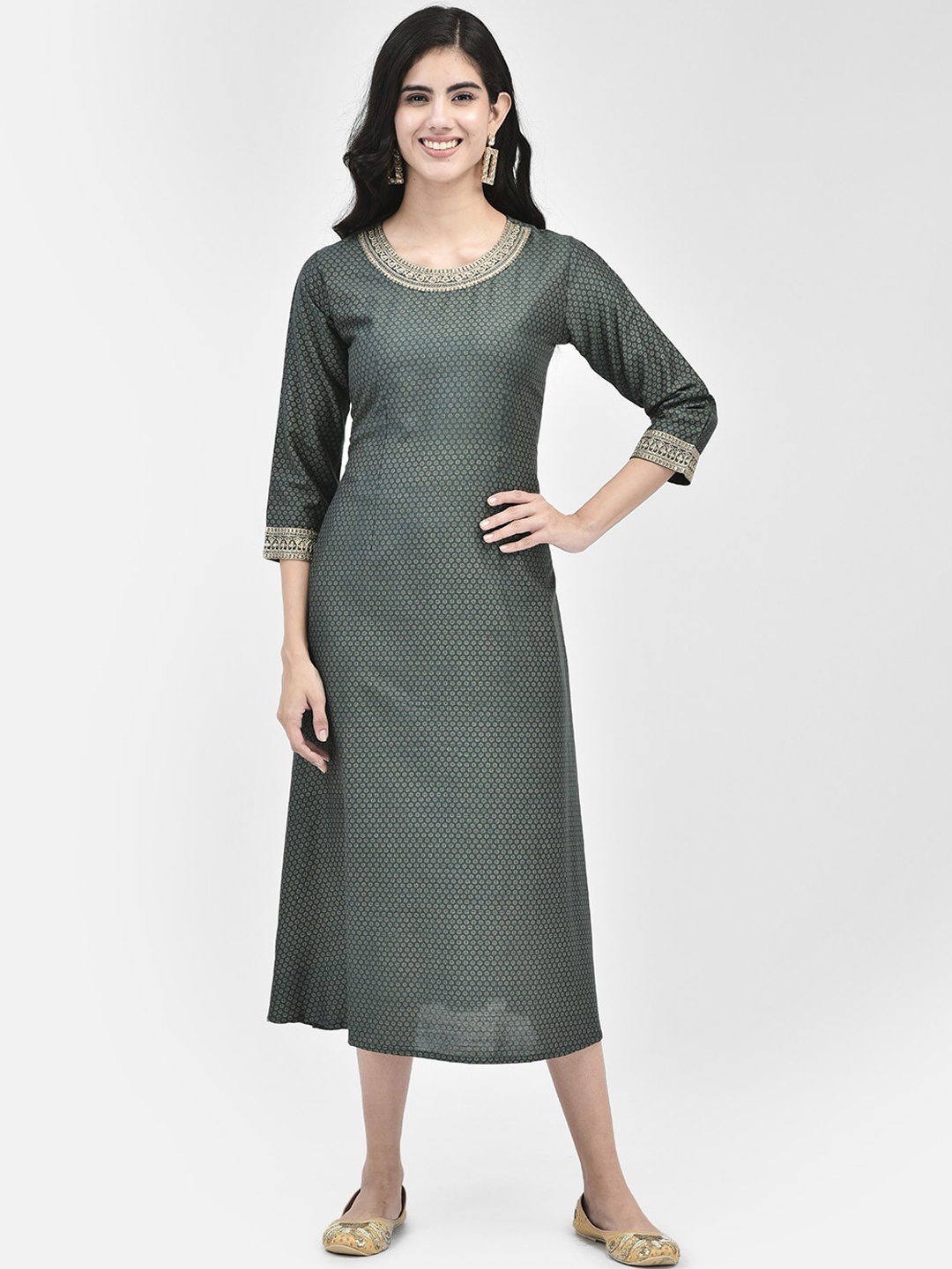 Span Floral Printed Thread Work Cotton Silk A-Line Midi Dress, Green