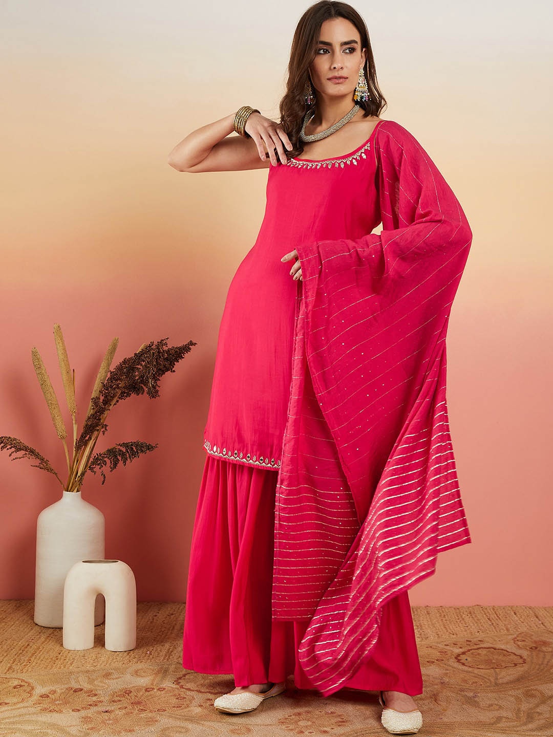 

Sangria Embroidered Shoulder Straps Kurta With Sharara & Dupatta, Fuchsia