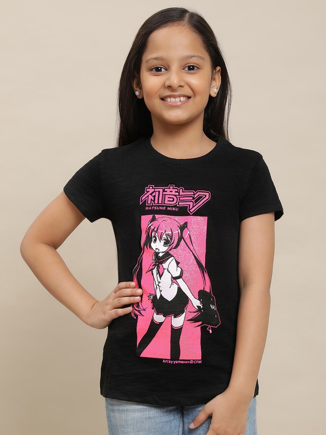 

Kids Ville Girls Hatsune Miku Graphic Printed Embellished Pure Cotton T-Shirt, Black