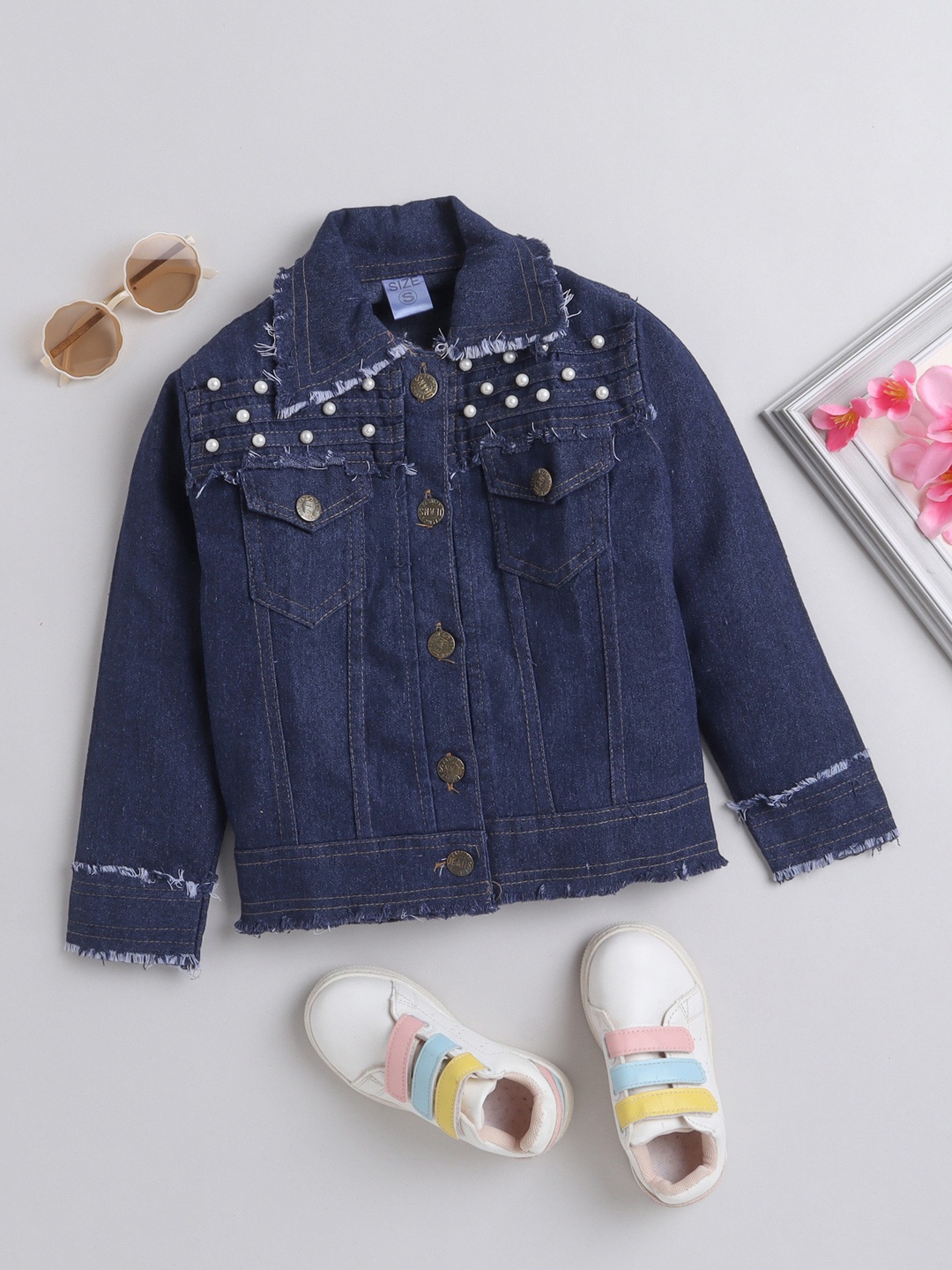 

DKGF FASHION Girls Studded Lightweight Denim Jacket, Navy blue