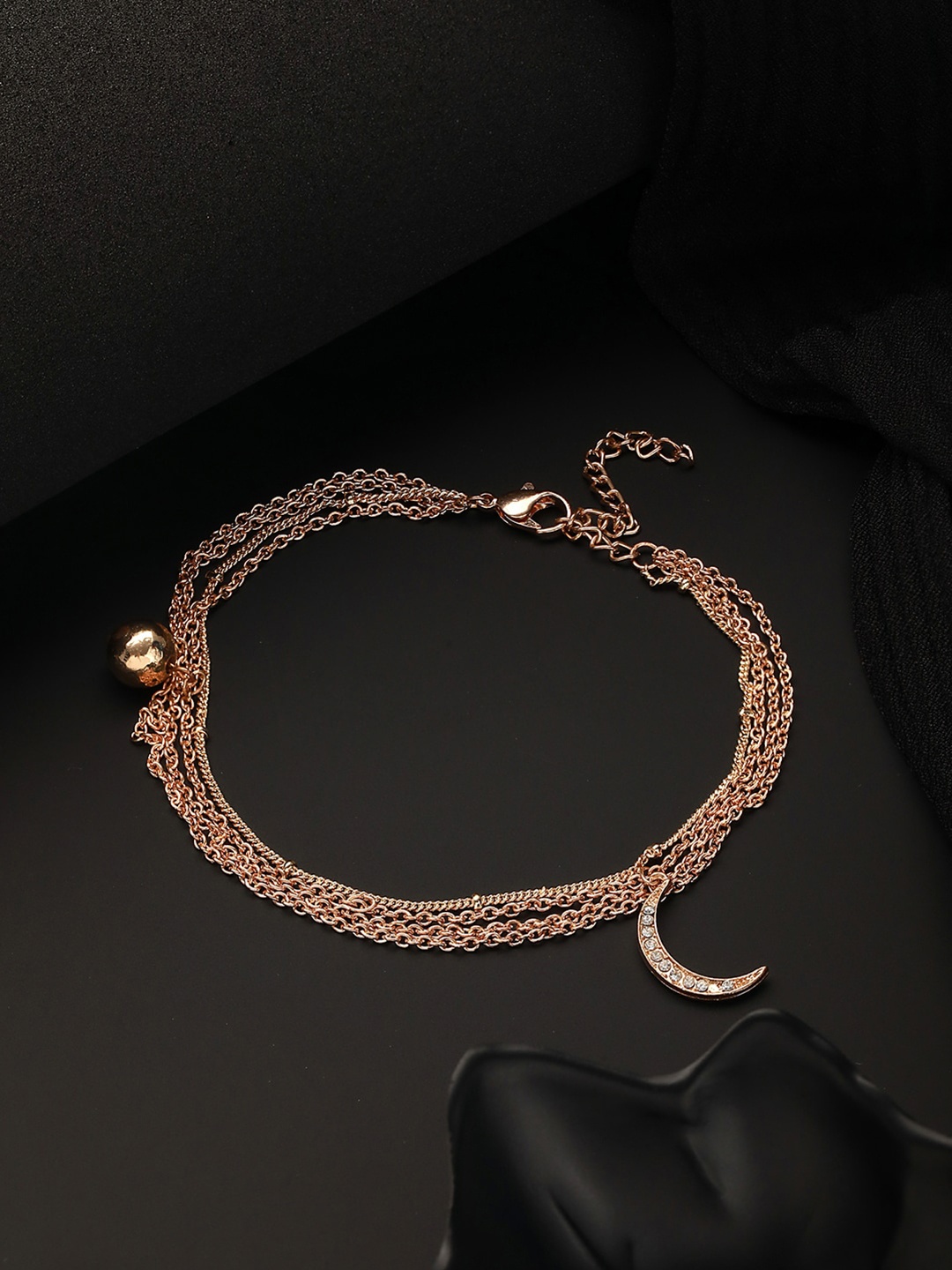 

Jazz and Sizzle Gold-Plated CZ-Studded Layered Cresent Shape Charm Anklet