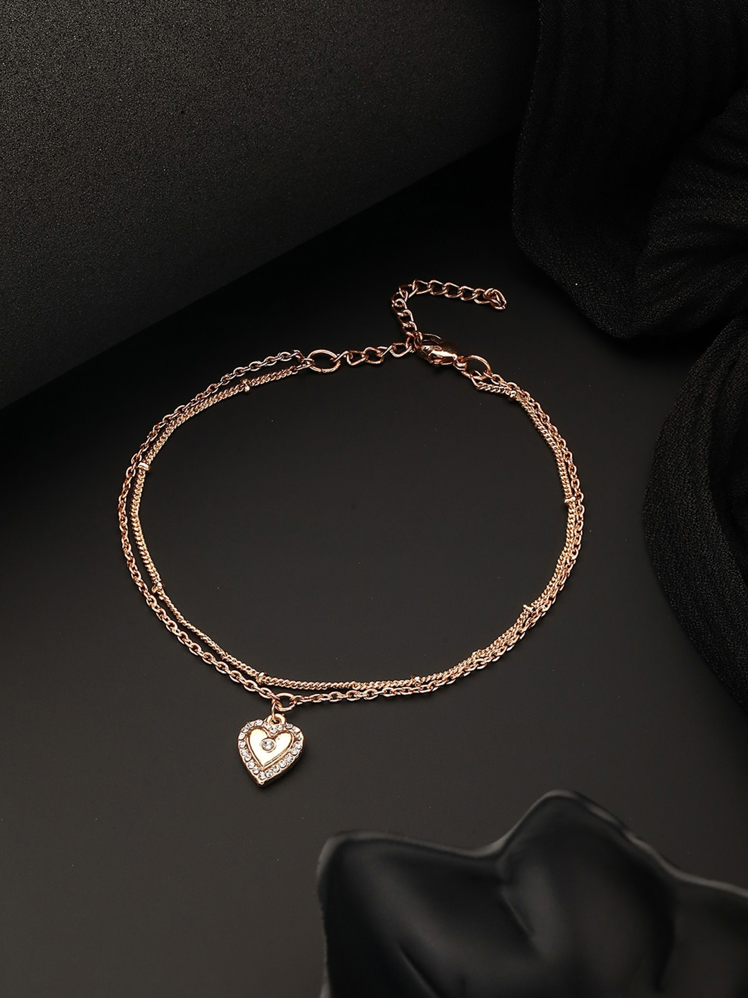 

Jazz and Sizzle Rose Gold-Plated CZ-Studded Layered Heart Charm Anklet