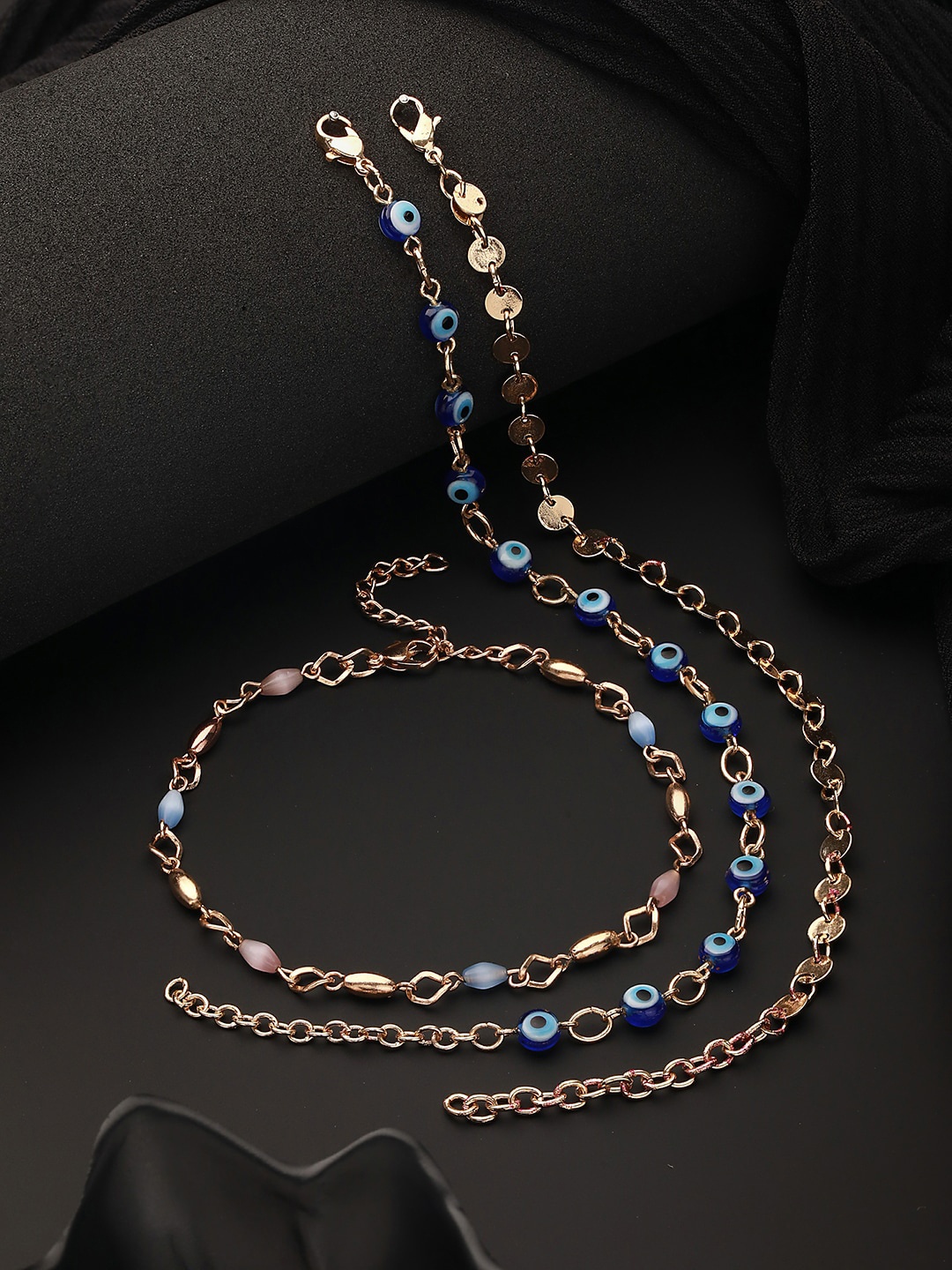 

Jazz and Sizzle Set Of 3 Rose Gold-Plated Evil Eye Link Anklets