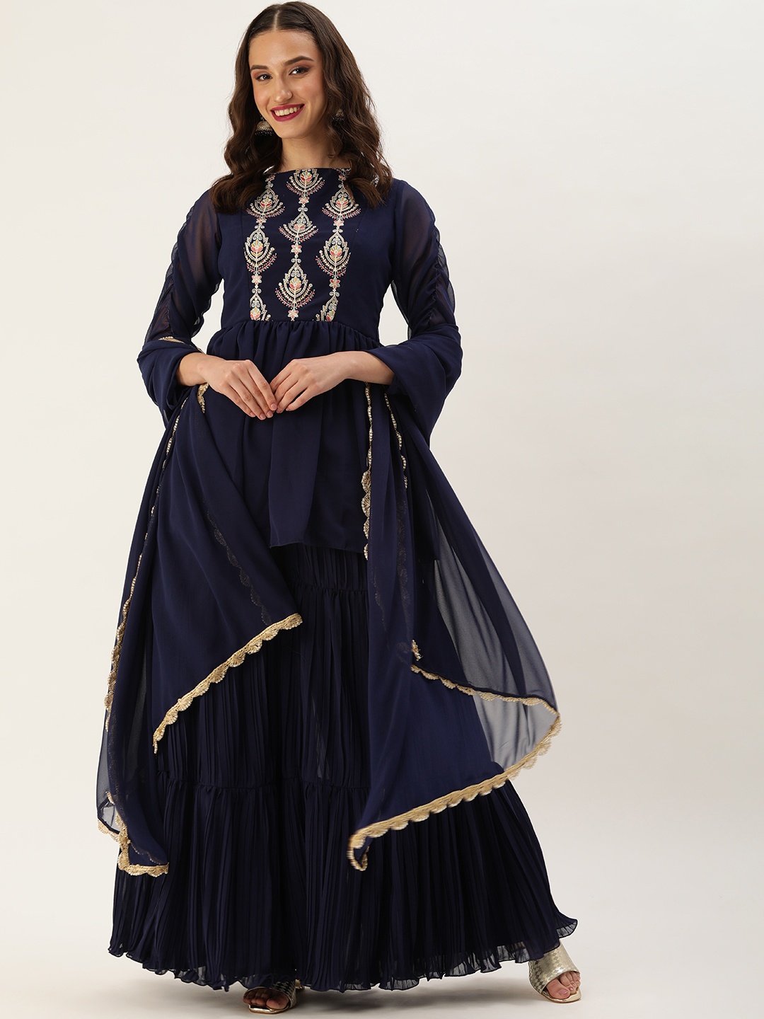 

Ethnovog Ethnic Motifs Embroidered Pleated Sequinned Kurti with Sharara & Dupatta, Navy blue