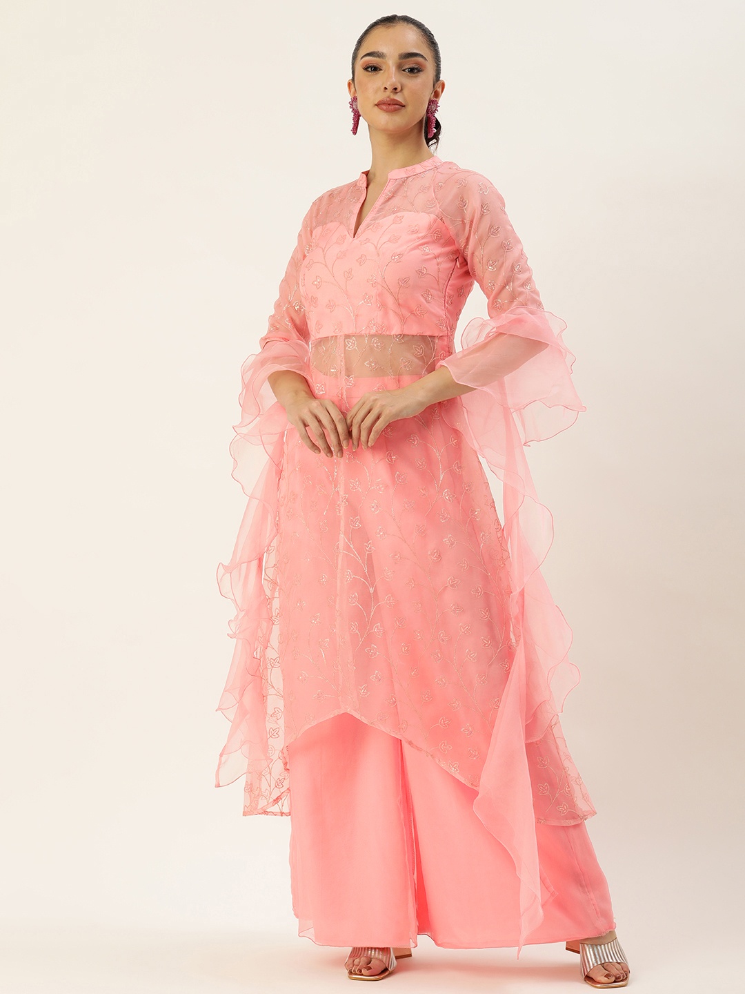 

Ethnovog Women Floral Embroidered Regular Sequinned Kurta with Palazzos & With Dupatta, Pink