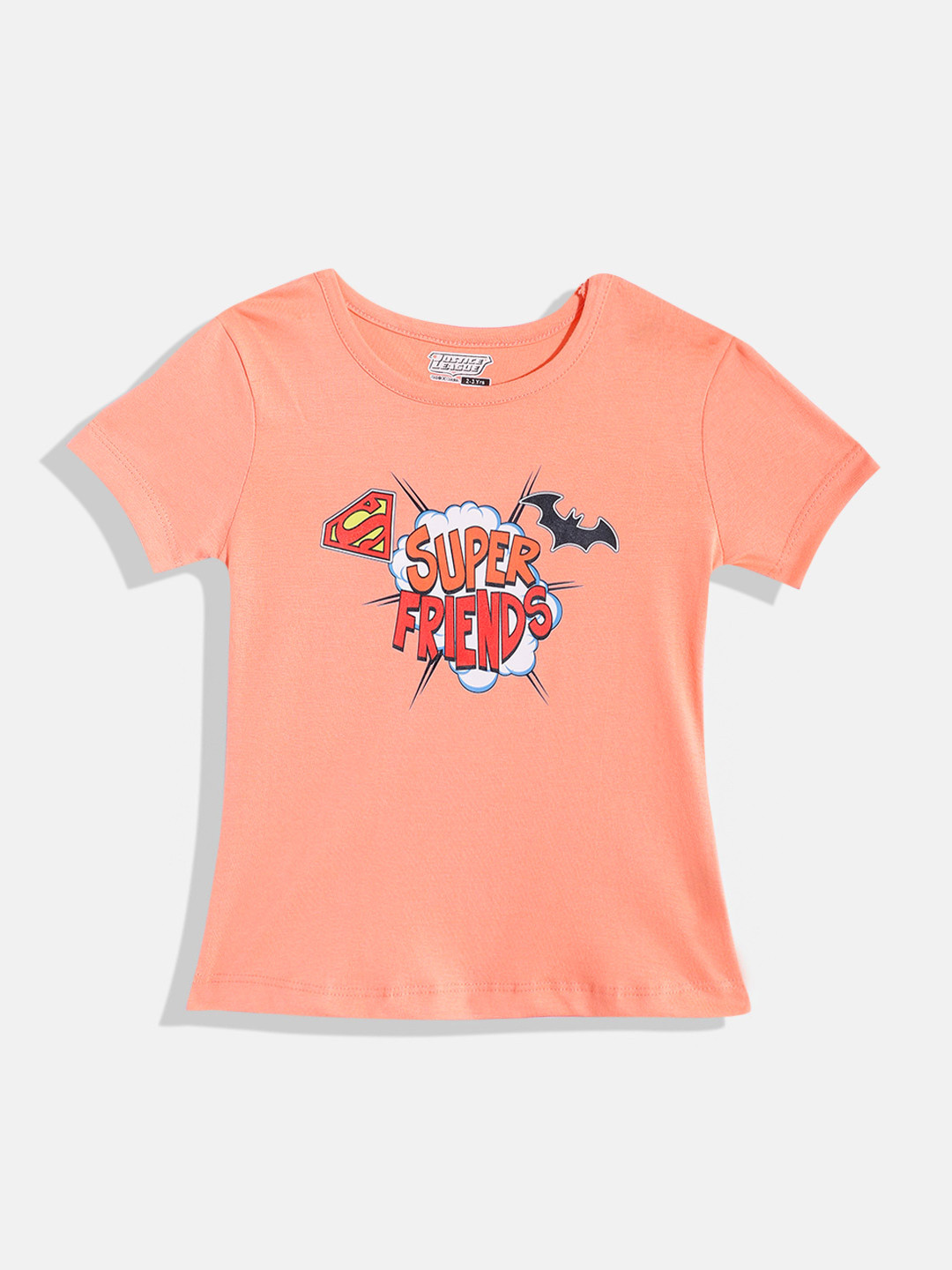

Eteenz Girls Justice League Printed Premium Cotton T-shirt, Peach