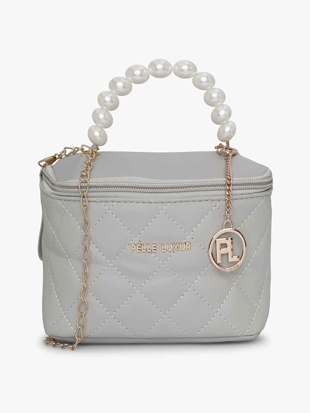 

PELLE LUXUR Textured Quilted Structured Handheld Bag, Grey
