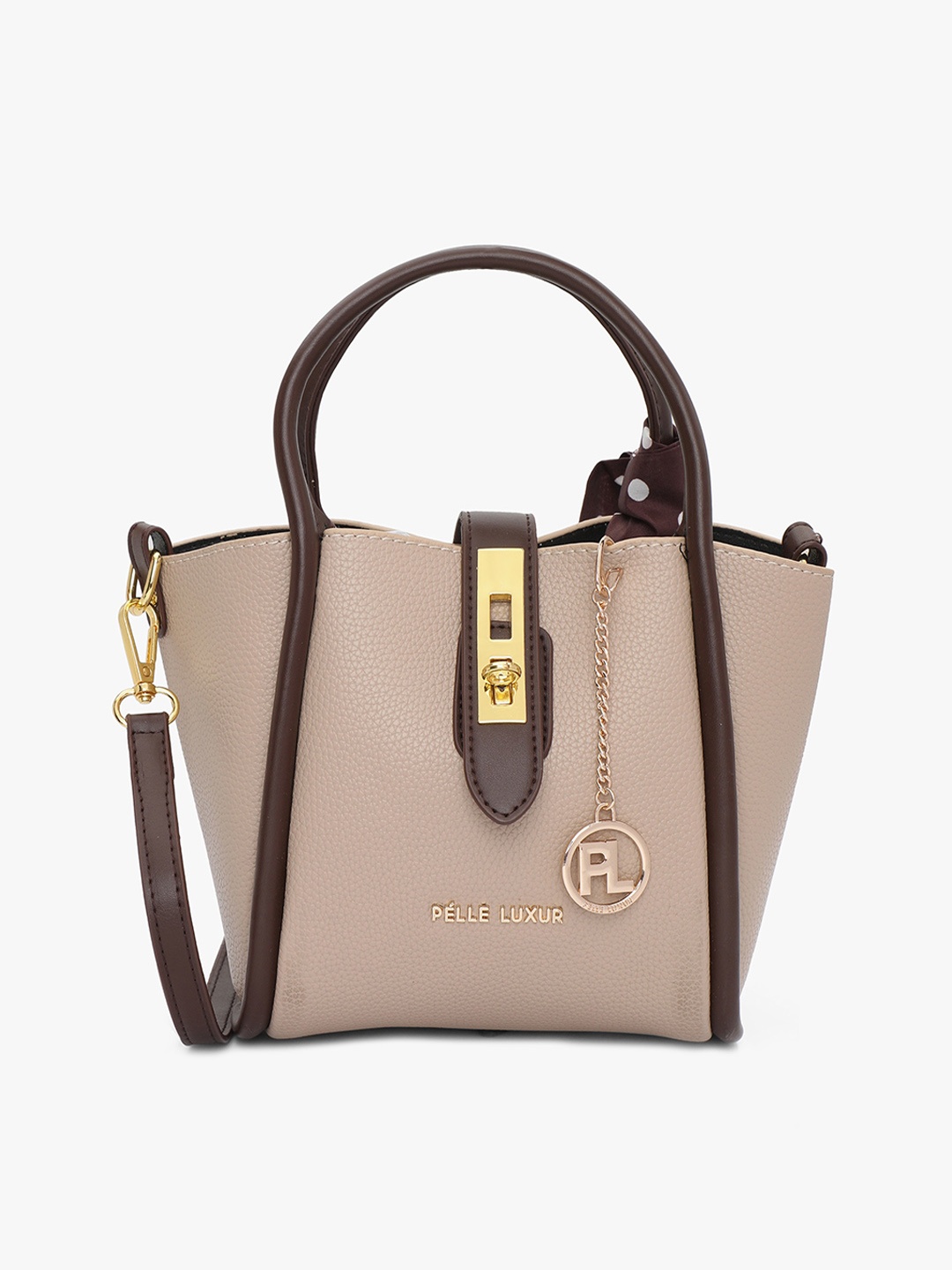

PELLE LUXUR Textured PU Structured Handheld Bag & Scarf, Brown
