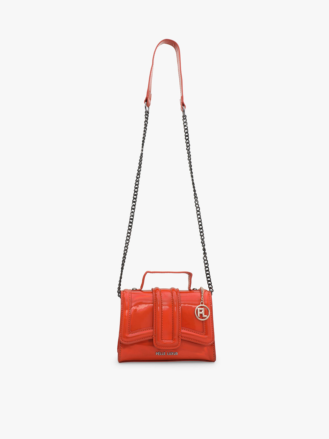 

PELLE LUXUR Glossy PU Structured Sling Bag, Orange
