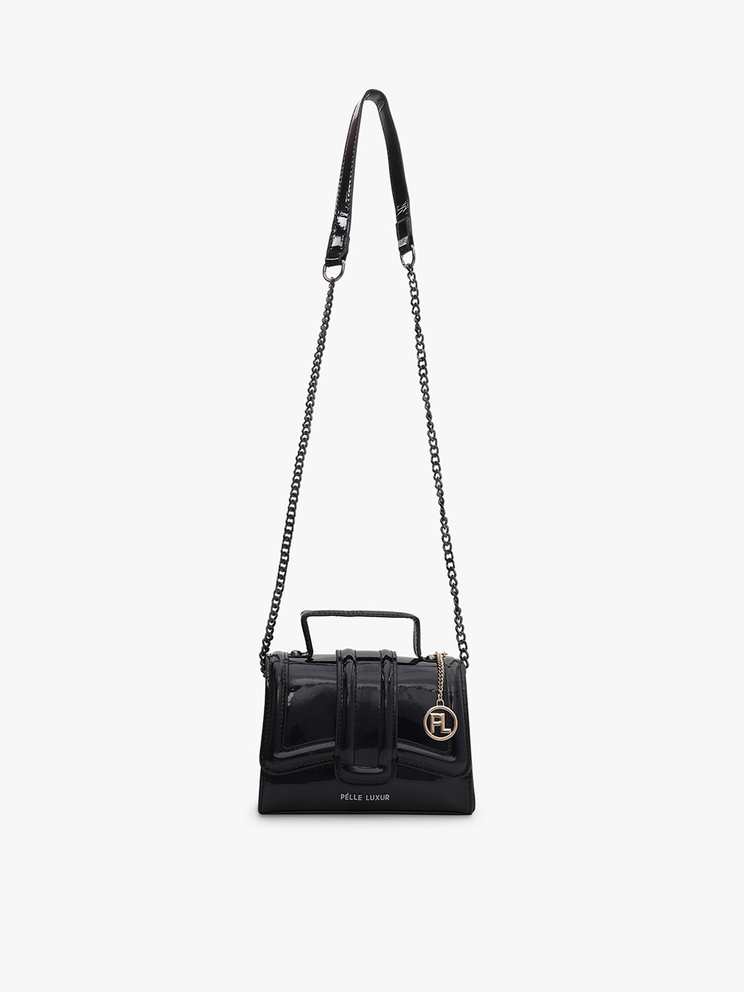

PELLE LUXUR Glossy PU Structured Satchel Bag, Black
