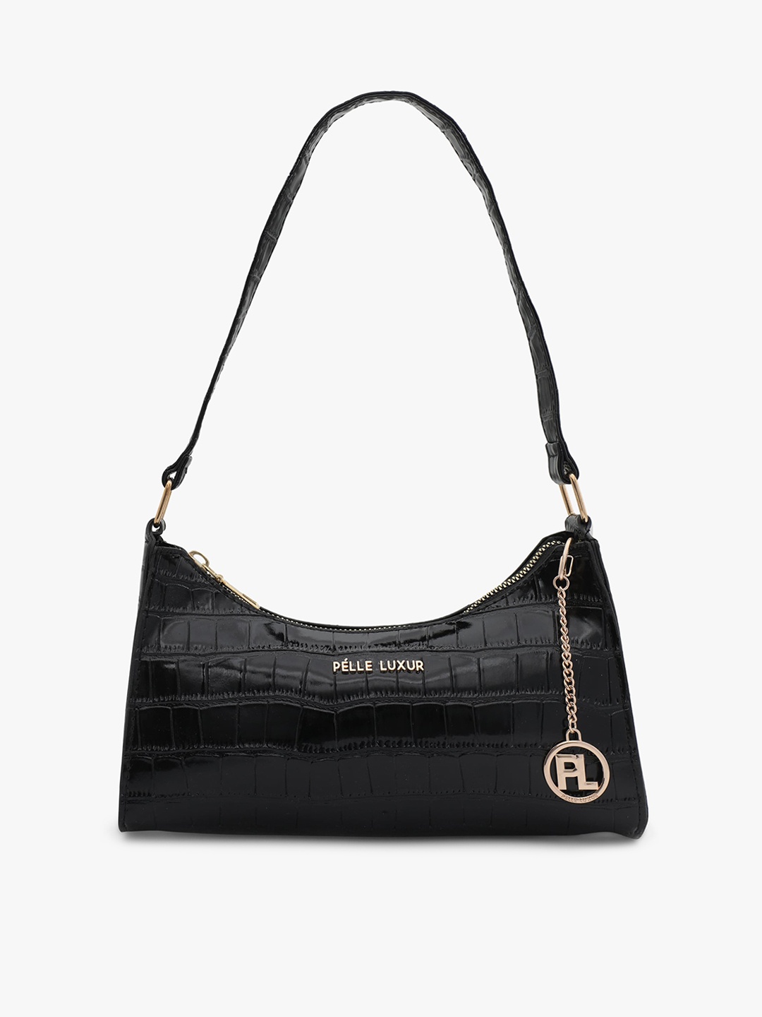 

PELLE LUXUR Textured PU Half Moon Handheld Bag, Black