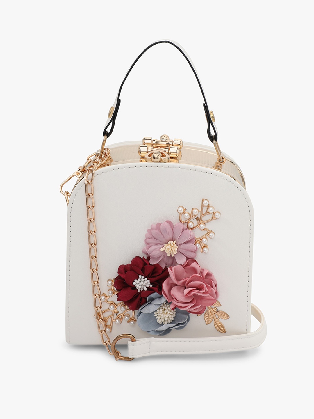 

PELLE LUXUR Floral Embellished PU Structured Handheld Bag, White