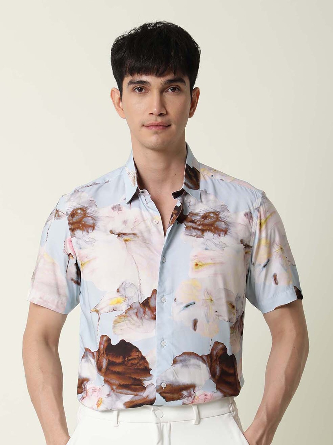 

RARE RABBIT Men Breezy Floral Printed Slim Fit Opaque Shirt, Blue