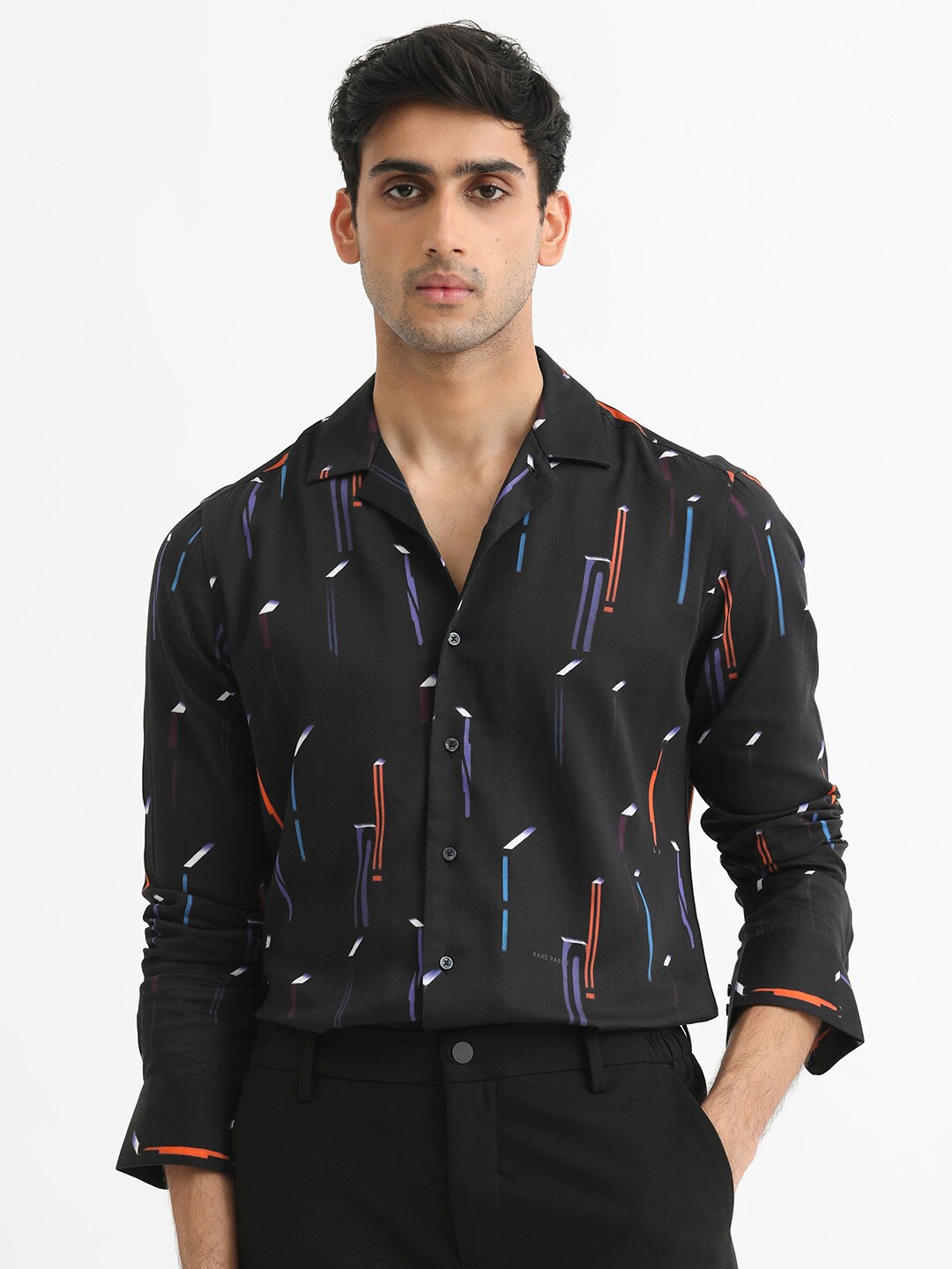 

RARE RABBIT Men Lexa Printed Cotton Slim Fit Opaque Shirt, Black