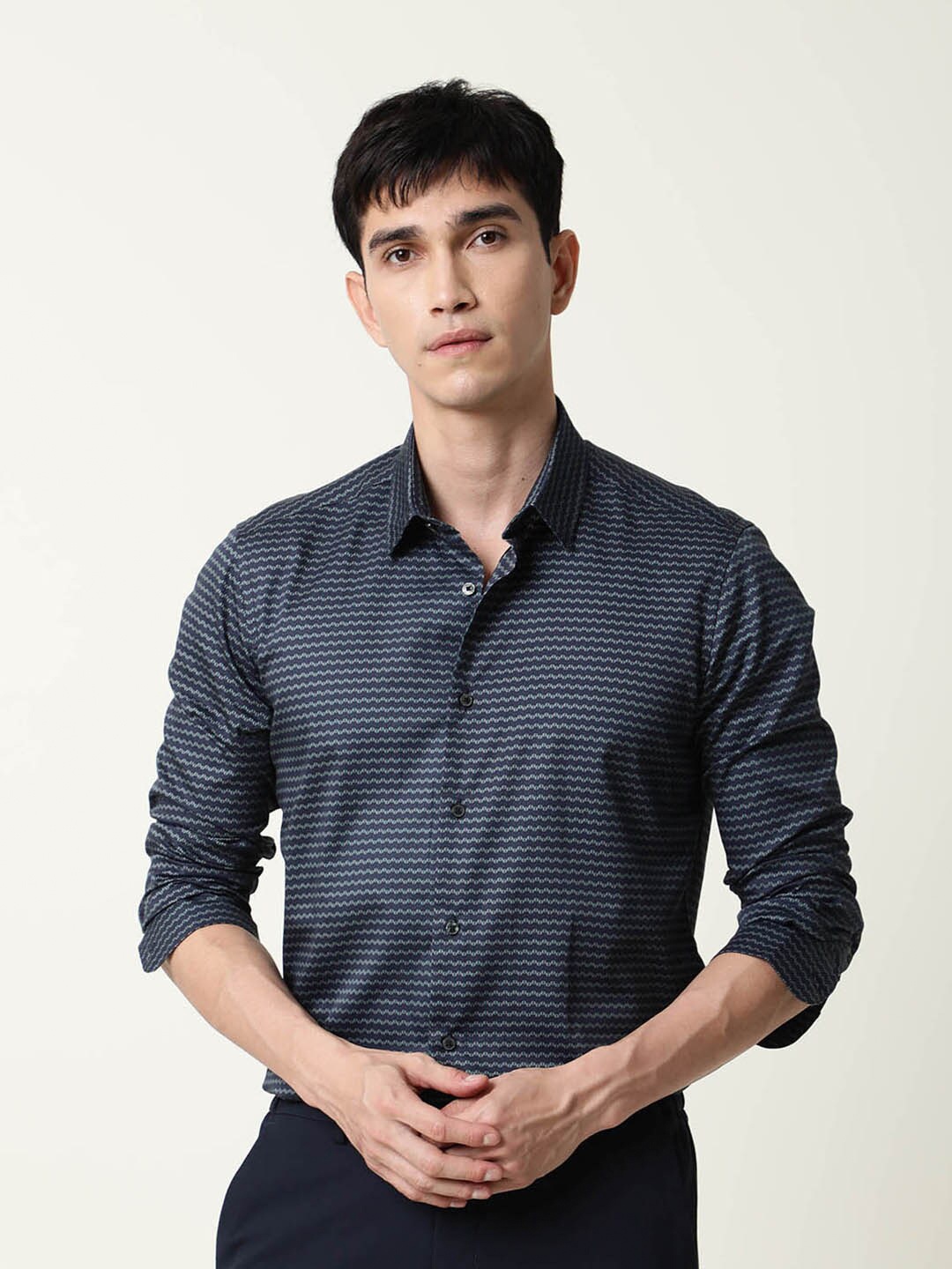 

RARE RABBIT Horizontal Striped Cotton Slim Fit Opaque Casual Shirt, Navy blue