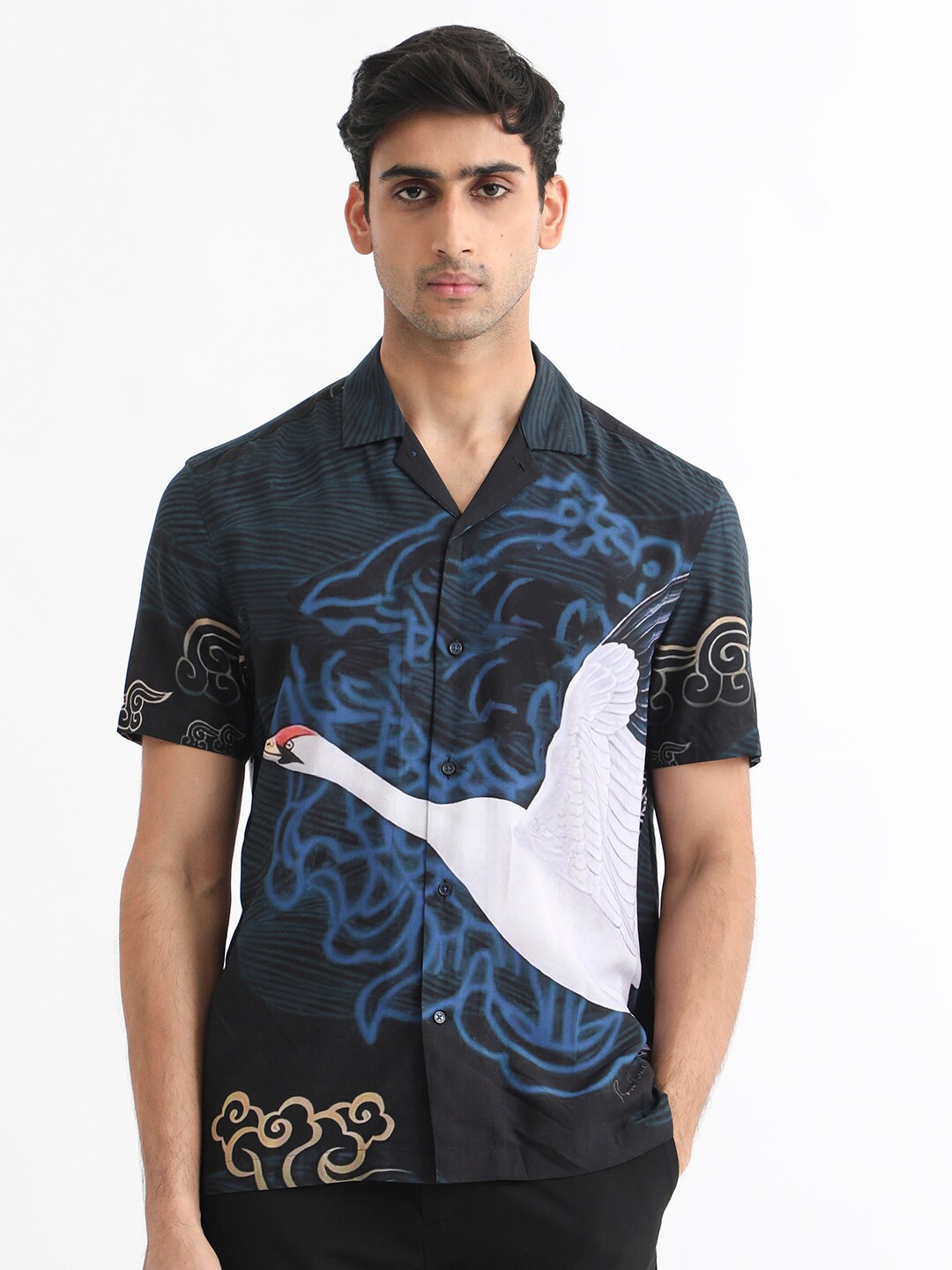 

RARE RABBIT Men Tobal Slim Fit Graphic Printed Shirt, Navy blue