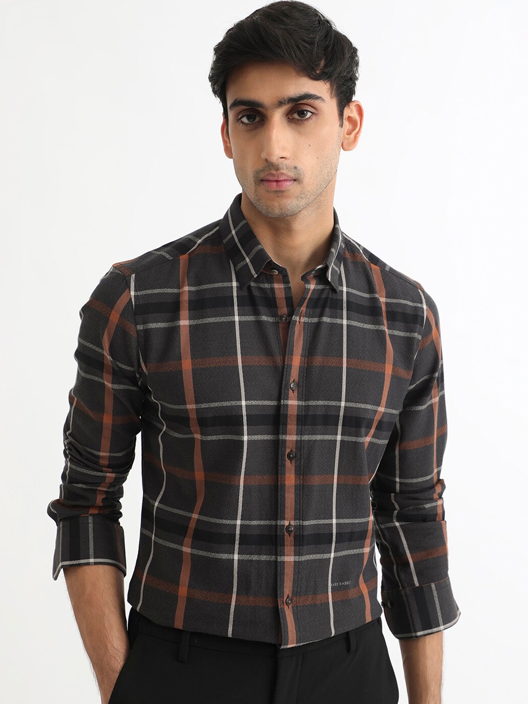 

RARE RABBIT Men Keller Checked Slim Fit Spread Collar Cotton Shirt, Charcoal