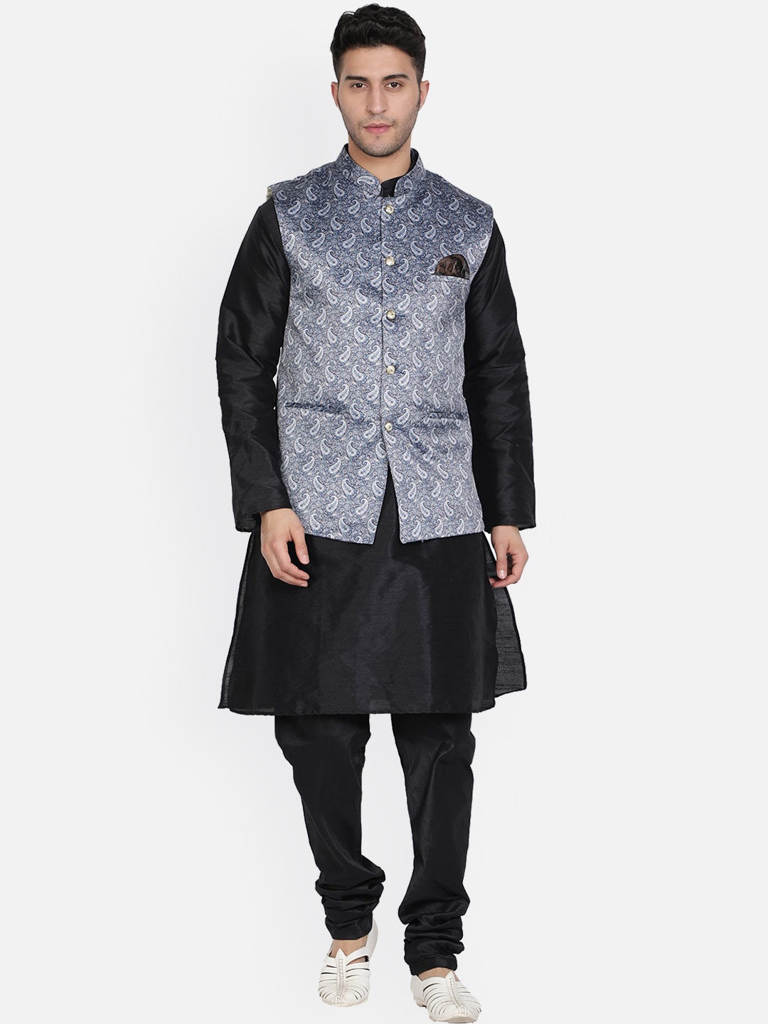 

Armaan Ethnic Mandarin Collar Dupion Silk Kurta with Churidar And Printed Nehru Jacket, Green