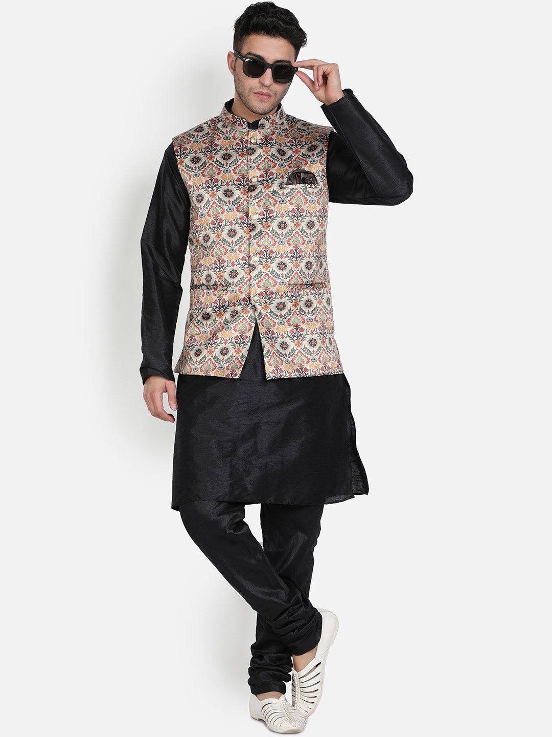 

Armaan Ethnic Mandarin Collar Dupion Silk Kurta with Churidar And Printed Nehru Jacket, Black