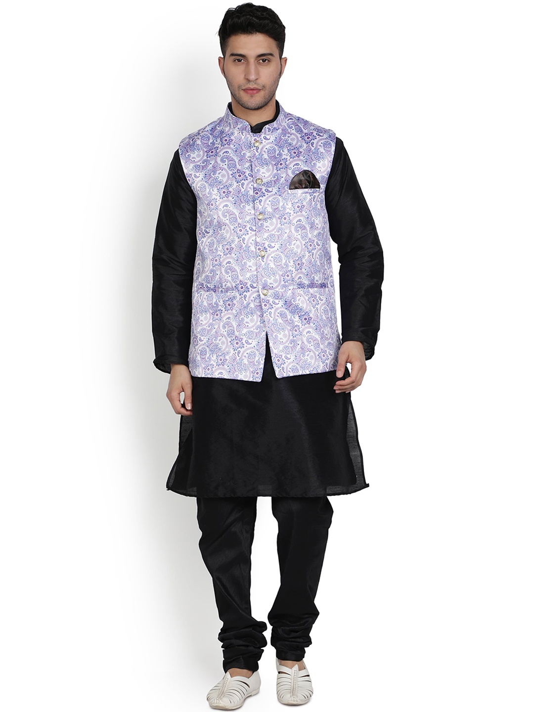 

Armaan Ethnic Mandarin Collar Dupion Silk Kurta with Churidar And Printed Nehru Jacket, Black