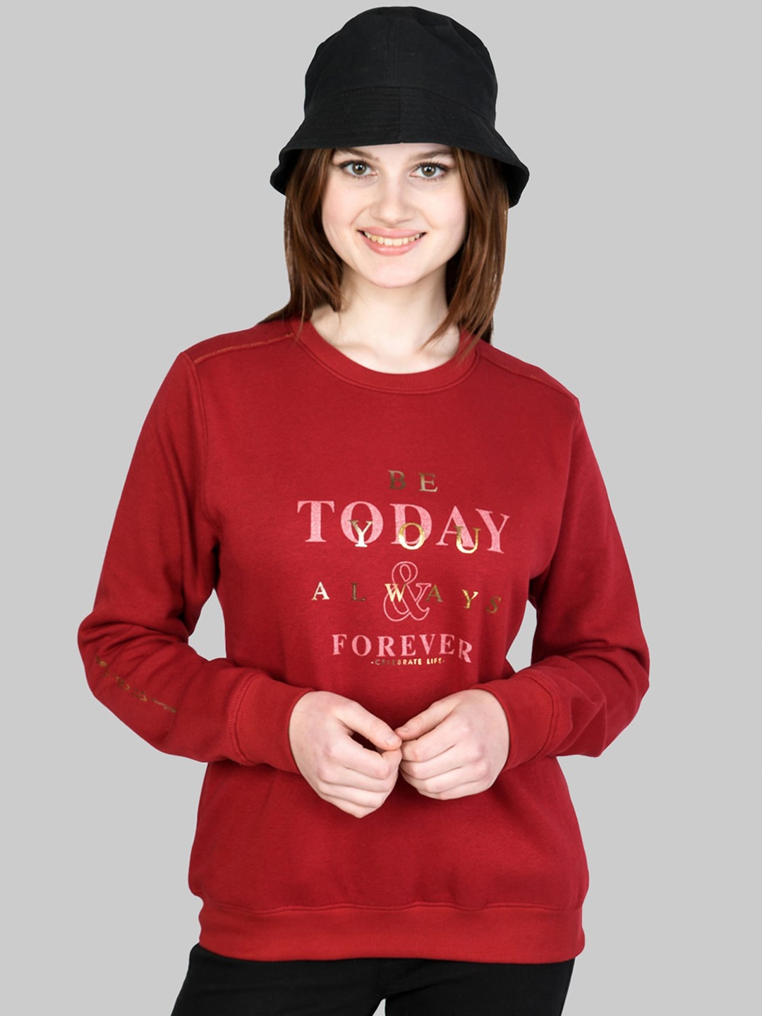 

Cheribell Typography Printed Round Neck Cotton Sweatshirt, Maroon