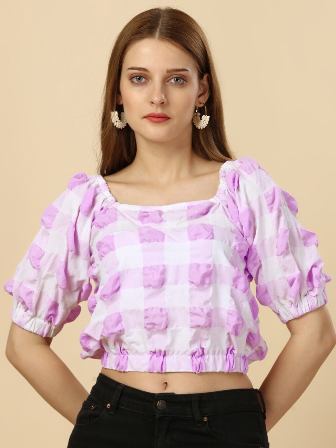 

Modestouze Attires Checked Puff Sleeves Crop Top, Purple