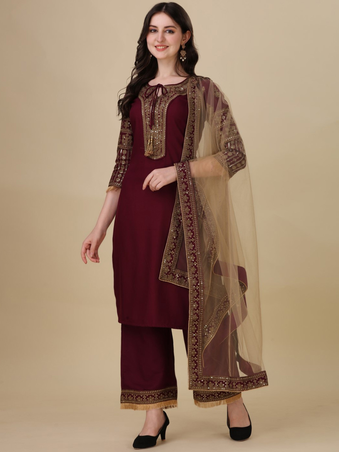 

Modestouze Attires Ethnic Motifs Embroidered Sequinned Kurta with Trousers & Dupatta, Maroon