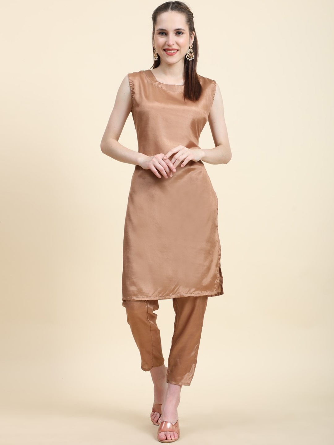 

Modestouze Attires Floral Embroidered Pure Silk A-Line Kurta With Trousers, Brown