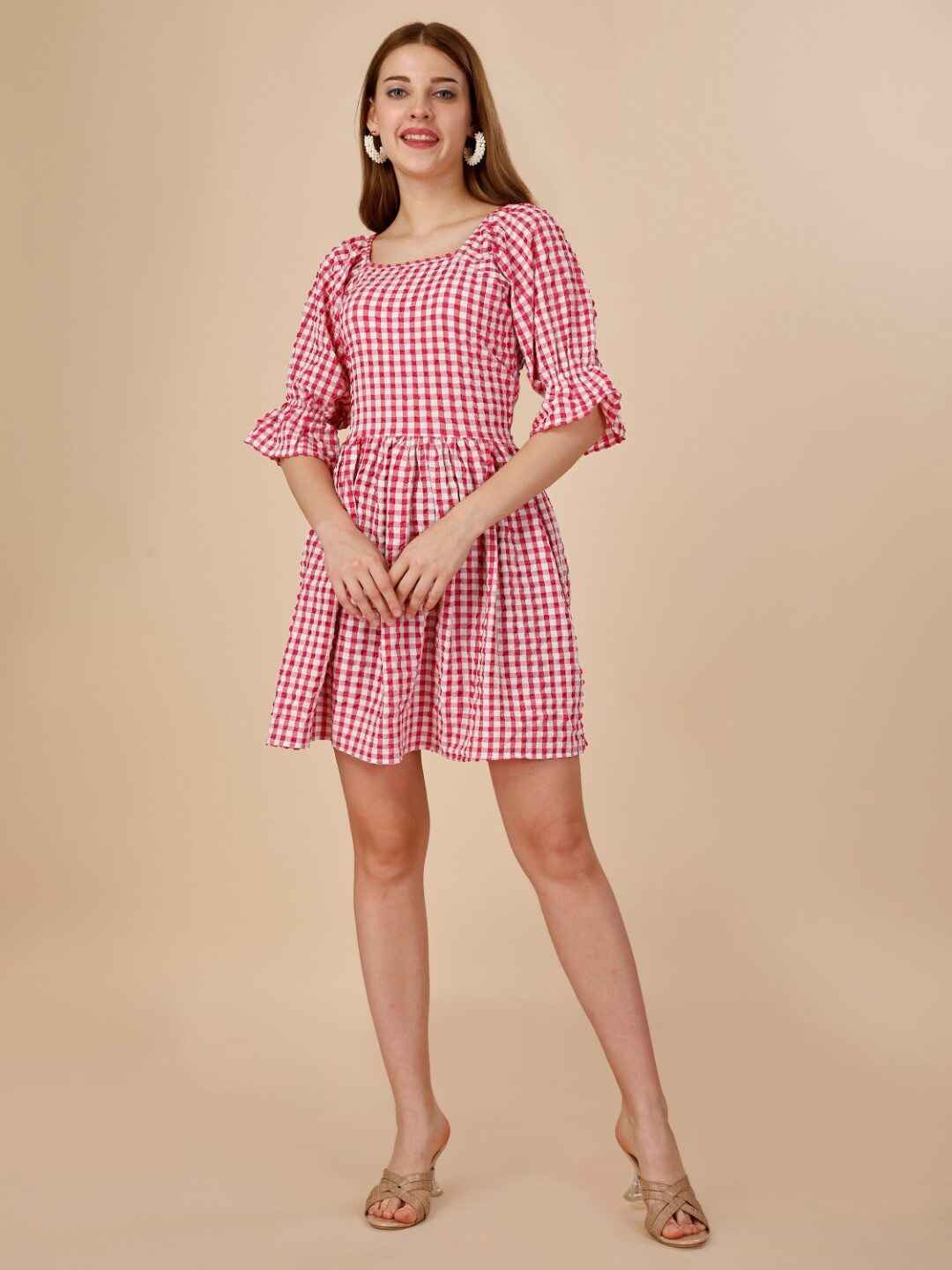 

Modestouze Attires Checked Bell Sleeve A-Line Dress, Red