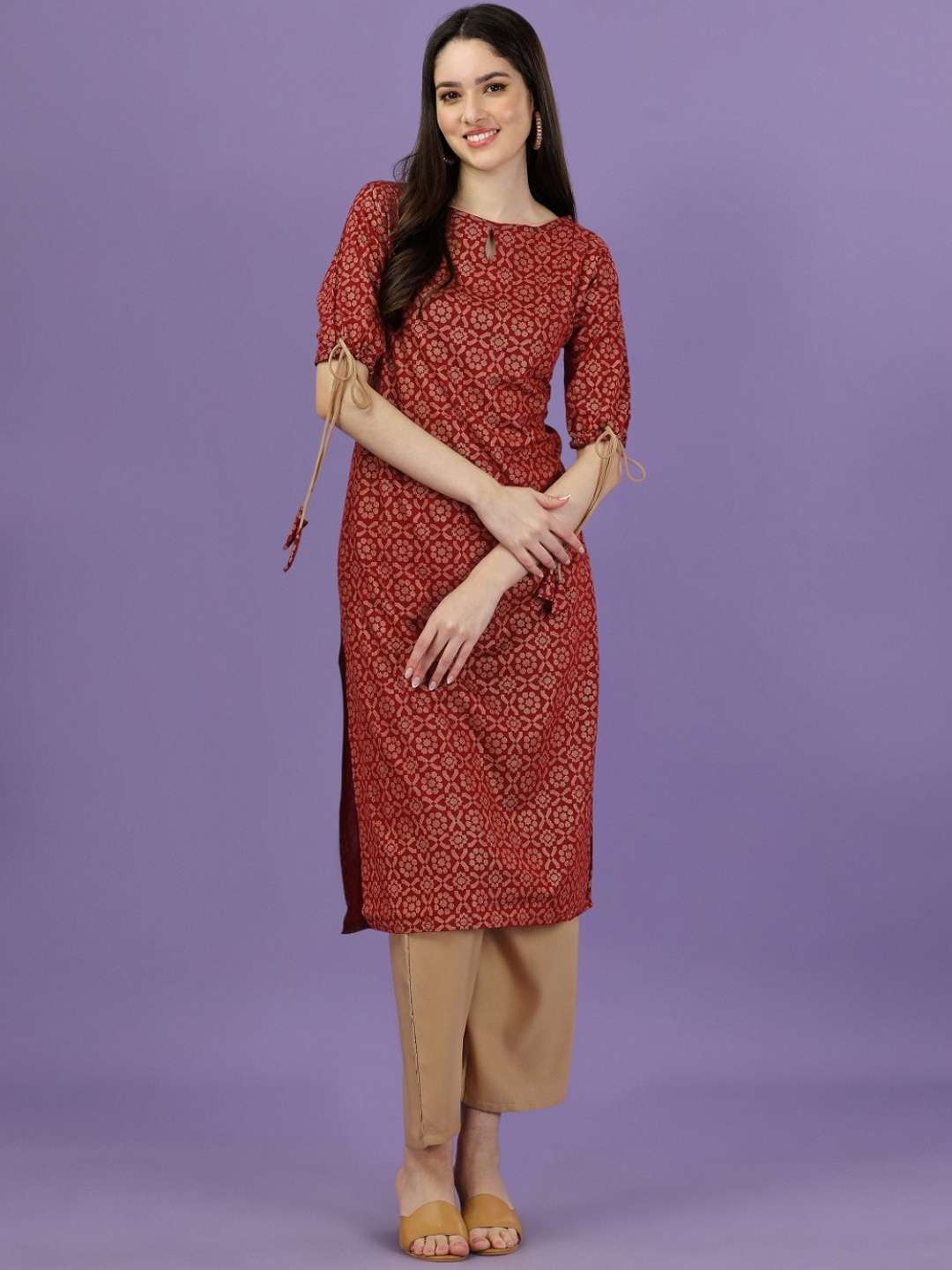 

Modestouze Attires Ethnic Motifs Printed Regular Pure Cotton Kurta With Palazzos, Maroon