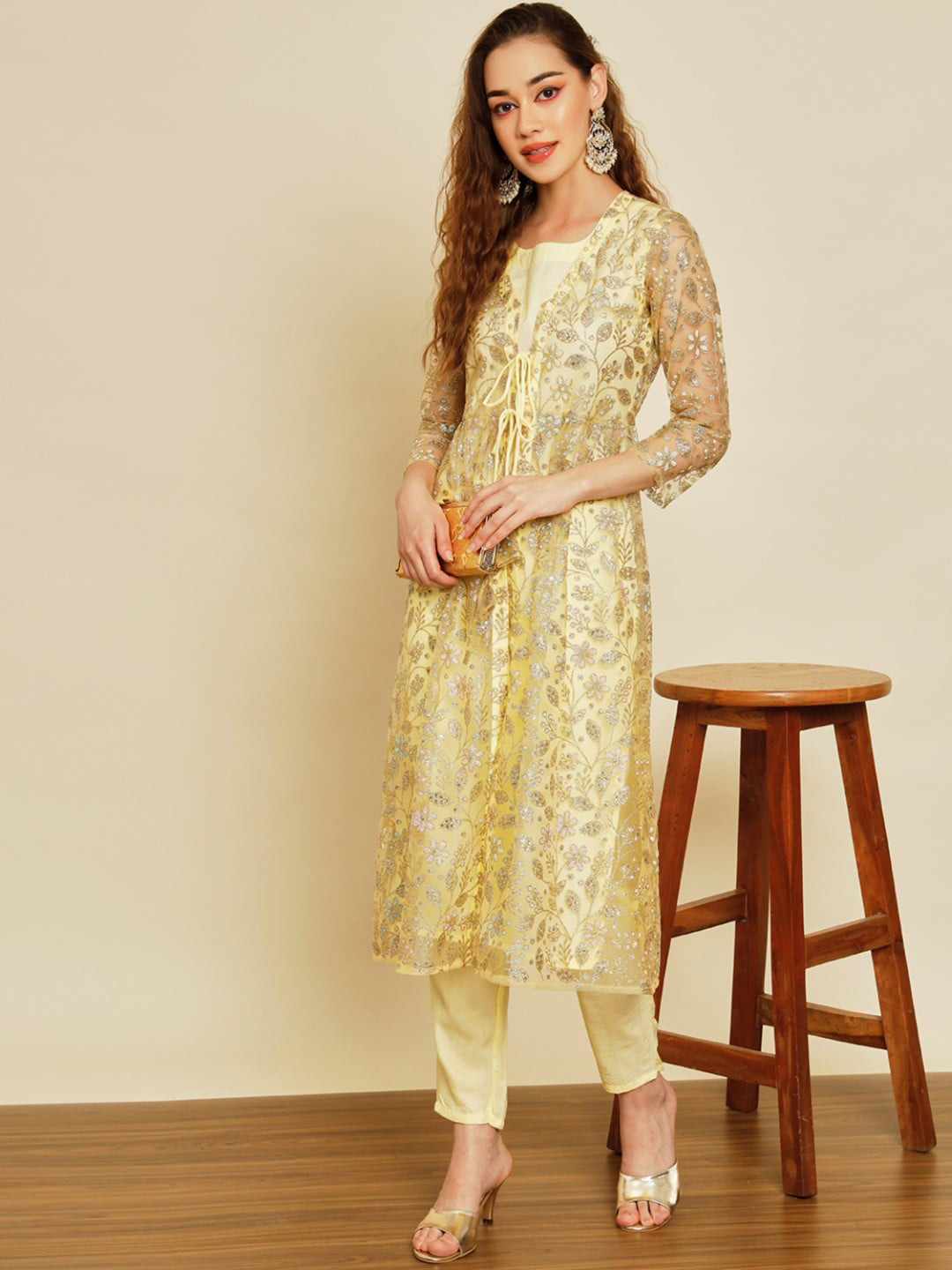 

Modestouze Attires Floral Embroidered Pure Silk A-Line Kurta With Trousers, Yellow
