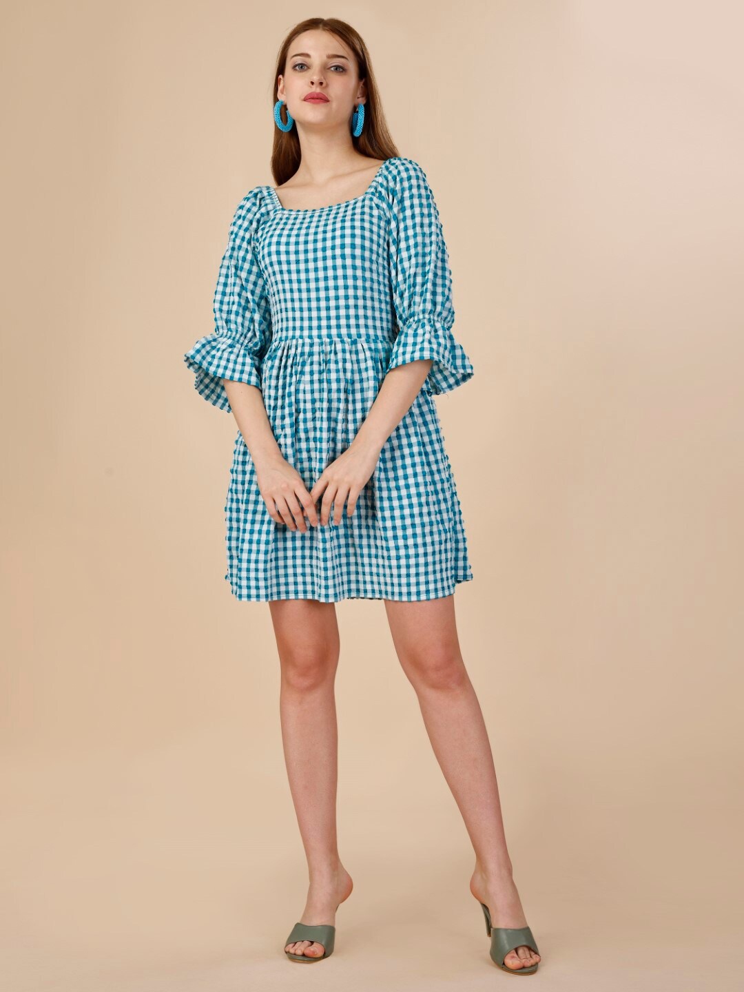 

Modestouze Attires Checked Bell Sleeve Fit and Flare Dress, Blue