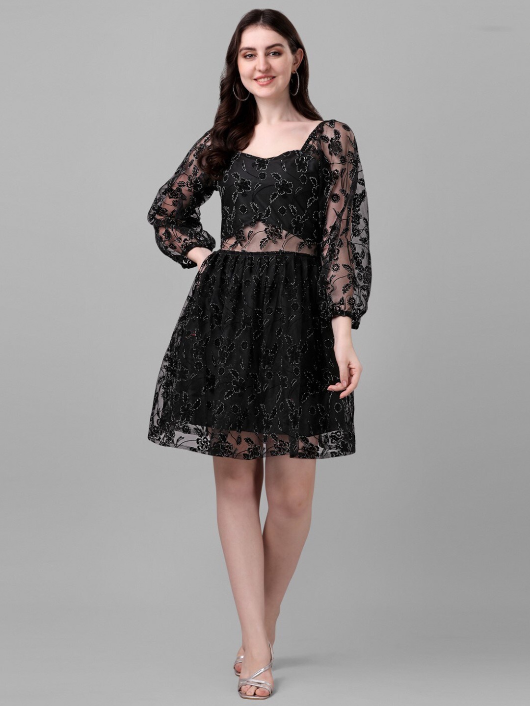 

Modestouze Attires Net Fit & Flare Dress, Black